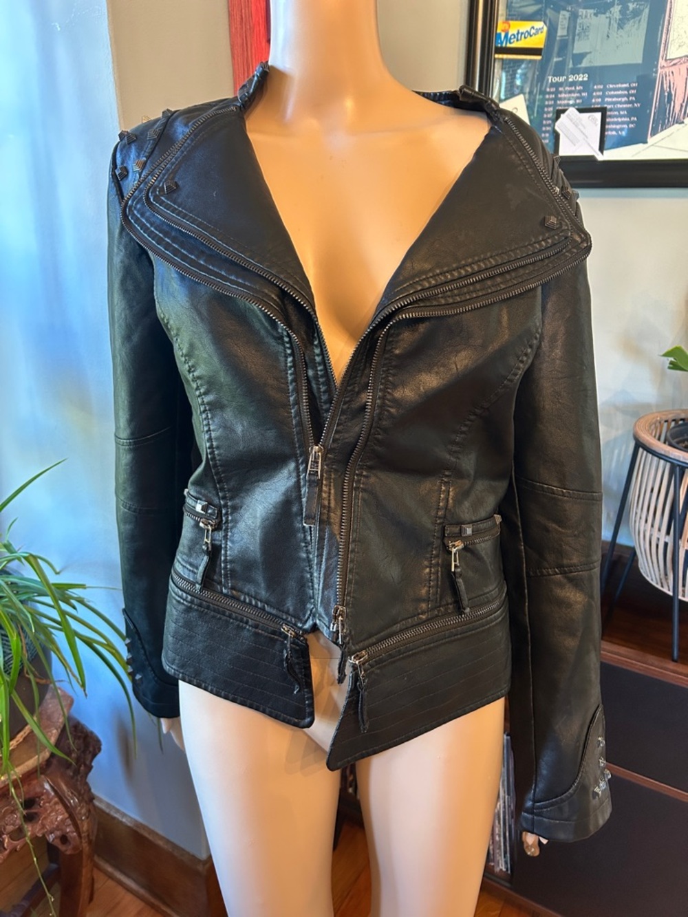 NWOT Fitted Black Vegan Leather Moto Jacket for Women